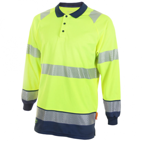 B-Seen Hi-Vis Two Tone Long Sleeve Polo Shirt Saturn Yellow / Navy